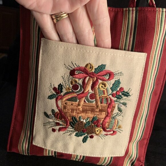 2005 Longaberger Embroidered Holiday Tote Bag Stripe Fabric 9" x 8" x 4.5" NWT - Picture 7 of 12